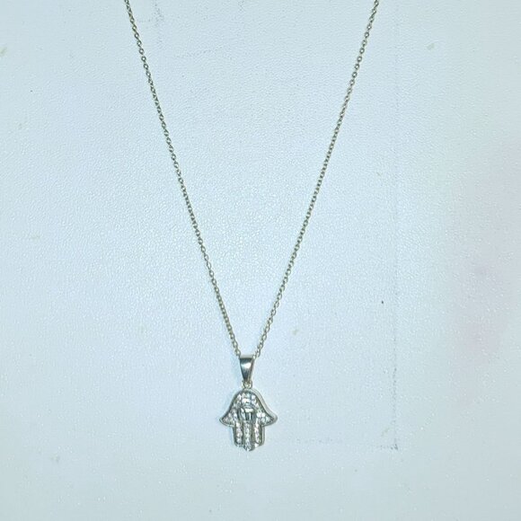 Hamsa Hand Pendant Necklace Gold Plated 925 Silver Rhinestone Accents 18 Chain - Picture 8 of 8